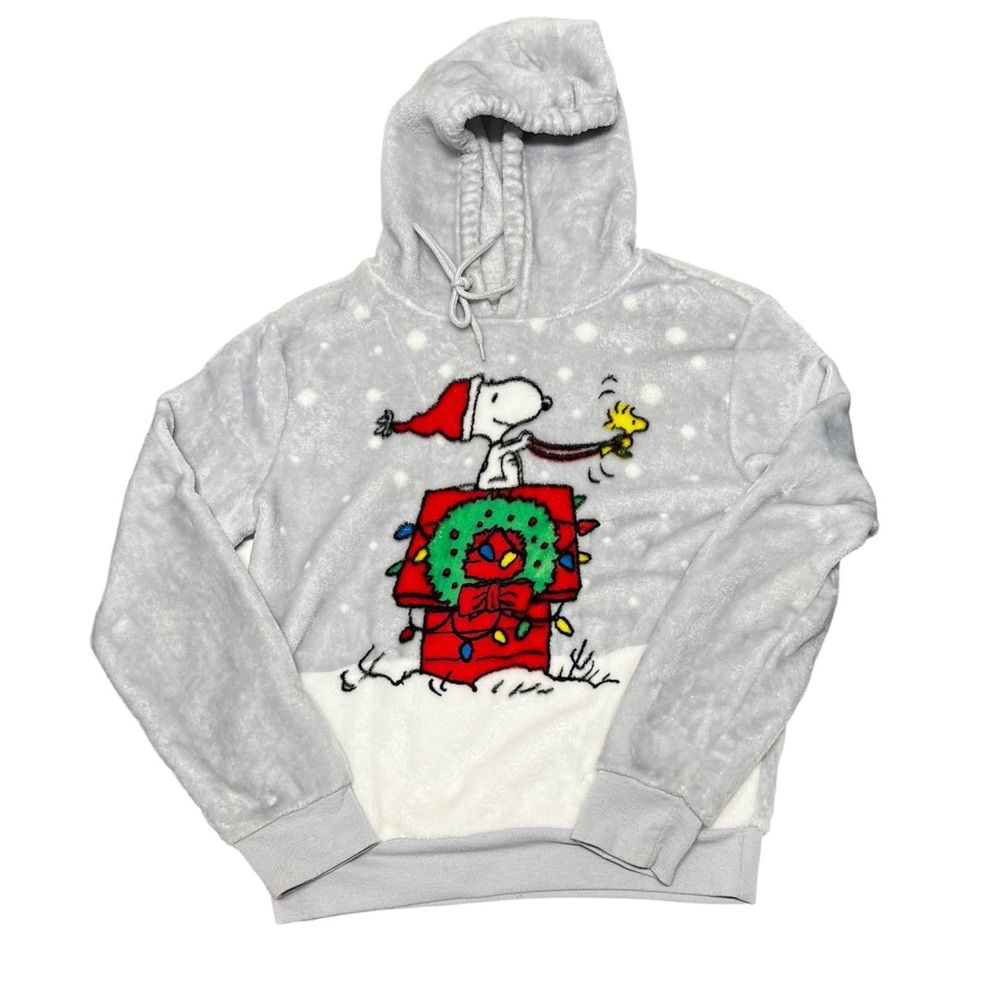 Snoopy Christmas Holiday Cozy Fleece Hoodie Sweatshirt, Grey, Women’s Small